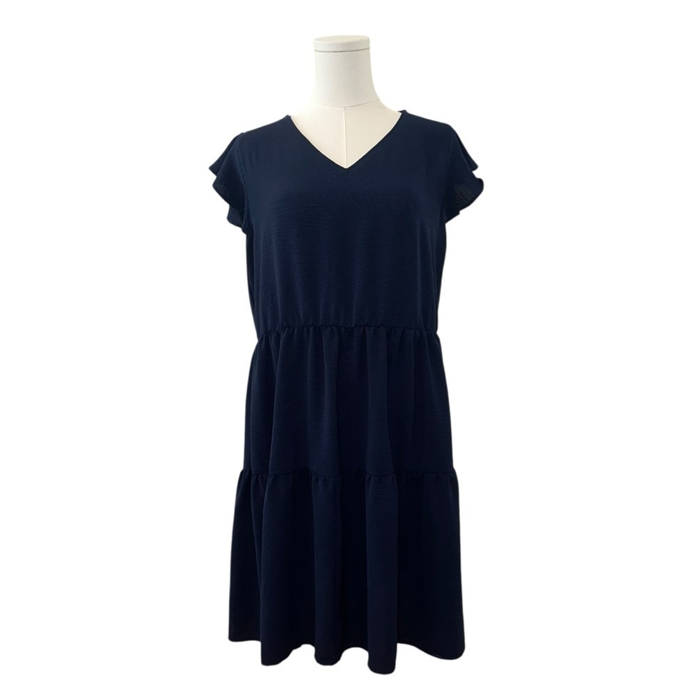 Women's Large Navy Blue Floral Cap Sleeve Flowy Tiered Casual Nautical Dress